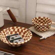 Aesthetic Hand-Painted Ceramic Bowl And Cup Set, Vintage Checkerboard Stripe Design, Breakfast Oatmeal Salad Bowl Coffee Cup, Kitchen Tableware, Housewarming Gift - Multicolor - View 3