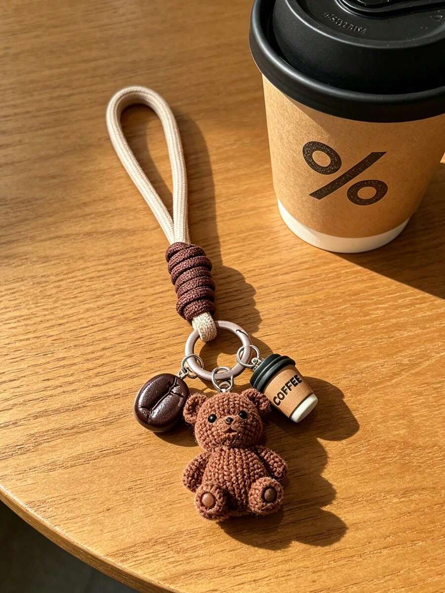 Gantungan Kunci Beruang Cokelat Lucu dengan Liontin Cangkir Kopi, Gantungan Kunci Beruang 3D Gaya Jepang dengan Liontin Biji Kopi, Gantungan Kunci Tali Anyaman Bohemian Cocok untuk Wanita dan Pecinta Kopi, Desain Dekoratif Bentuk Beruang Anyaman Tali Nilon - MultiWarna - View 1