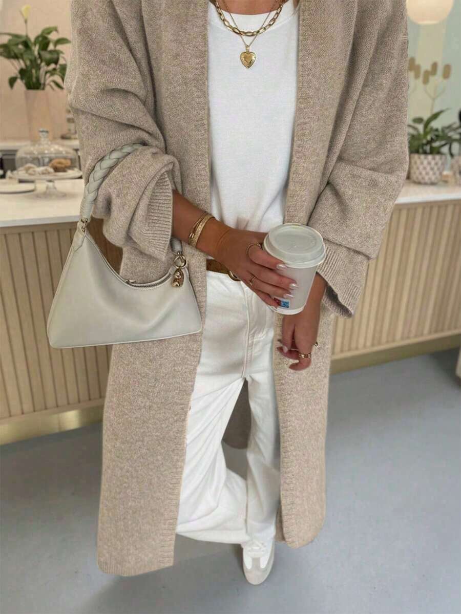 Women's Beige Ribbed Knit Long Cardigan, Large Lapel, Front Opening, Long Sleeve, Loose Fit, Suitable For Autumn/Winter - Apricot - View 1