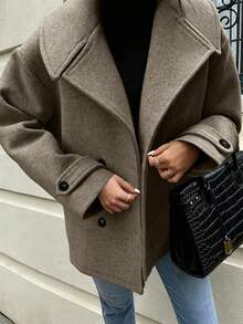 Women's Autumn/Winter Woven Double-Button Lapel Coat, Long Sleeve, Drop Shoulder, Regular Length Jacket - Coffee Brown - View 1