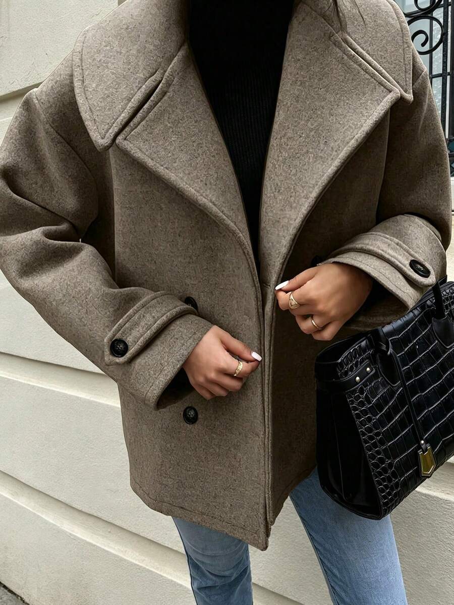 Women's Autumn/Winter Woven Double-Button Lapel Coat, Long Sleeve, Drop Shoulder, Regular Length Jacket - Coffee Brown - View 1