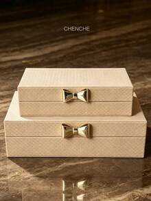 Set Of 2 Large Capacity Grid Embossed PU Leather Jewelry Box, Gold Bow Metal Clasp Beige Rectangular Elegant Accessory Storage Organizer Velvet Lined For Bedroom Vanity Decor Holiday Gift - Apricot - View 9