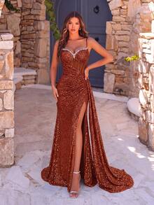 ADYCE Elegant Sequin Rhinestone Patchwork Fishbone High Waist High Slit Tie Backless Evening Gown Fall - Burnt Orange - View 1