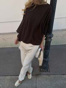 Senya 2026 Women's Chocolate Brown Knit Poncho Sweater, Oversized Crew Neck Cape, Asymmetric Hem Loose Fit Chic Minimalist Fall Winter Layering Top - Chocolate Brown - View 2