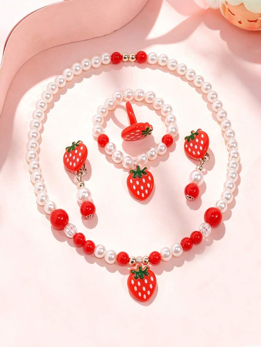 5pcs/Set Sweet Red Strawberry Pendant Faux Pearl Beaded Children's Jewelry Necklace Bracelet Ring Ear Clips Set For Daily Wear - one-size - View 1