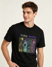 Colourful Ghost Witch Panel Unisex Halloween T-Shirt,  Tees With Feeling Spooky Slogan For Fall Daily Outfits - 黑色 - 查看 4