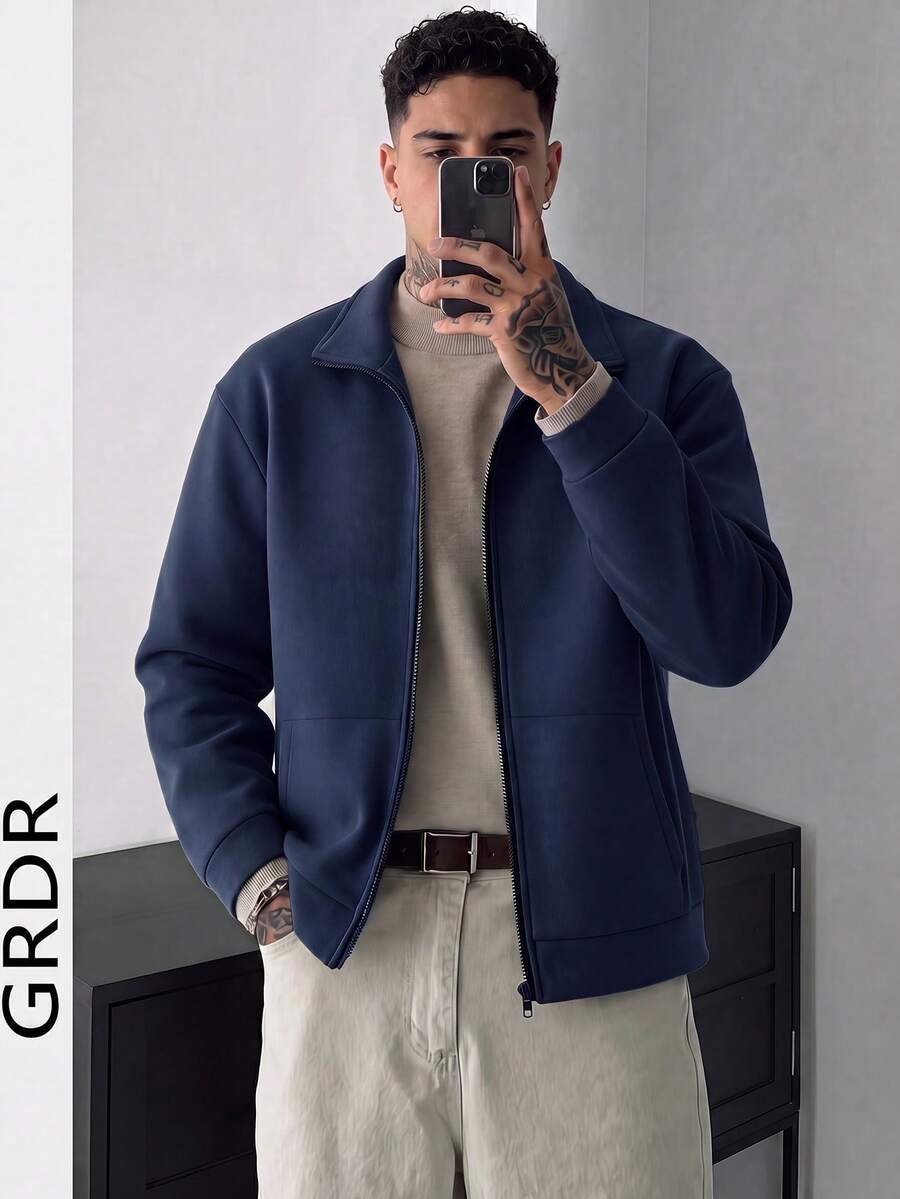 GRDR 男士时尚拉链卫衣外套,舒适保暖,适合秋冬季节,休闲百搭 - 藏蓝色 - 查看 1