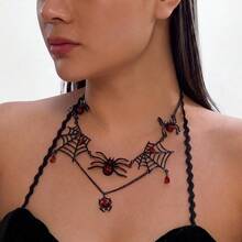 JOJELOO 2pcs/Set Vintage Gothic Exaggerated Black Spider Web Earrings & Necklace Set, Fashion Punk Personalized Short Collarbone Chain Jewelry, Elegant Women's Halloween Gift - Style 1 - View 6