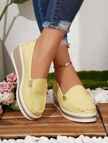 Comfortable Versatile Wedge Heel Thick Sole Plus Size Women's Shoes, Autumn New Slouchy Slip-On Soft Sole Platform Loafers - Yellow - View 4