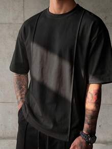 Men's Summer Vintage Solid Color Striped T-Shirt, With Unique Design, Suitable For Daily Commute And Home Wear - Black - View 4