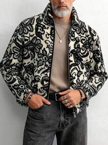 Modcrash Men Retro Print Fleece Jacket, Hooded Zip Up Long Sleeve Coat With Double Pockets, Warm Casual Autumn Winter Outerwear Fall/Autumn/Winter - Apricot - View 5