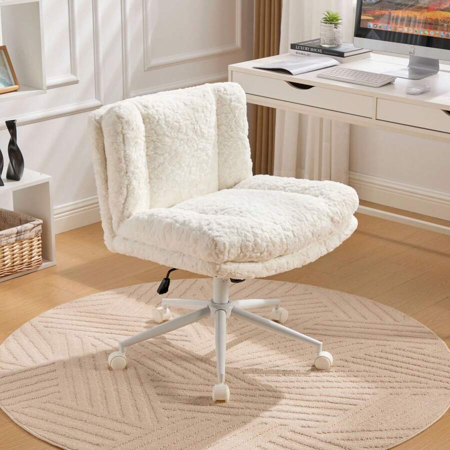 W26.4 Inch Wider Seat Office Chair,Artificial Rabbit Hair Home Office Chair With Metal Base,Adjustable Desk Chair Swivel Office Chair,Vanity Chair(Cream) ,DE1875CM - White - View 1