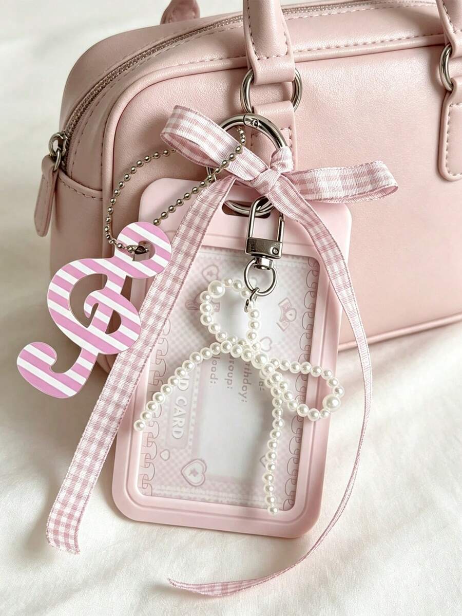 Card Holder With Mesh Ribbon, Faux Pearl Pendant And Treble Clef Charm, Sweet Style ID Badge Holder, Exquisite Pendant, Transparent Acrylic Hard Card Sleeve, Detachable And Erasable Sliding Cover, Student Campus Card/Meal Card Protector, Card Holder With ID Window And Card Slot, Suitable For Students And Office Workers, Transparent Window Design For Campus Card, Student ID, Employee Badge, Bank Card, Bus/Metro Card And Work Badge, Includes Detachable DIY Keychain Pendant, Fashion Accessory (Card Paper Not Included) - Multicolor - View 1