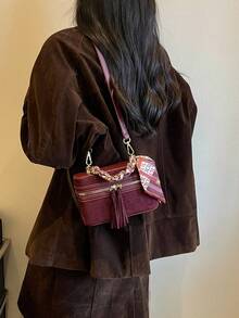 女款時尚正方形手提包，優雅斜背手機包，酒紅色 - 酒紅色 - 查看 8