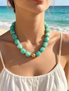 Women's Summer Beach Square Beaded Necklace, Large Square Acrylic Bead Necklace, Fashionable Personalized Beaded Necklace - Multicolor - View 6