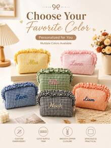 Customizable Name Ruffle Plaid Makeup Bag: Personalized Plaid Travel Toiletry Bag – Bridesmaid Gift - Multicolor - View 3