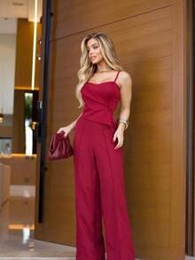 Women's Long Strappy Fitted Jumpsuit With Button - Rojo oscuro - Ver 2