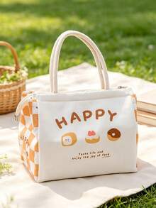 5/1pc Minimalist Square Lunch Tote Bag, Fashion Letter Print, Exquisite Plaid Hem Detail, Zipper Closure, Practical Bento Storage Bag, Suitable For Office Workers And Students, Applicable For Work, School, Picnic, Outdoor Activities And Daily Use - Multiple Colors and Styles - View 5