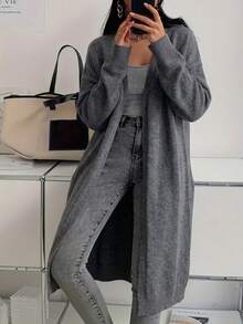 Just Masa Women's Autumn/Winter Casual Solid Color Ribbed Knit Long Cardigan, Long Sleeve Minimalist All-Match Versatile Sweater Cardigan, Suitable For Daily Wear And Outings - Dark Grey - View 6