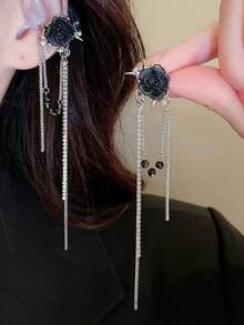 1 Pair Fashion Elegant Black Rose Long Chain Rhinestone Tassel Drop Earrings For Women, Suitable For Daily Commute, Gatherings And Parties - Black - View 5