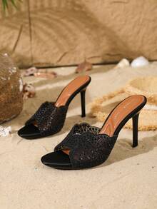 On feet& in love Women's Summer Fashion Elegant Sexy Rhinestone Single Strap Shallow Toe Open Toe Outdoor Wear Slide Sandals Thin High Heel Sandals Suitable For Matching With Dresses - Black - View 6