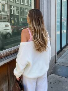 Fall/Winter Drop Shoulder Long Sleeve Solid Color Knit Short Cover Up Women's Basic Tops Shawl Cover-Up - White - View 3