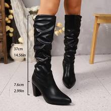 Fashionable Black Ruched Pointed Toe Chunky Heel Women's Knee-High Boots, Autumn/Winter Thermal Lined Slimming Tall Riding Boots - Black - View 5