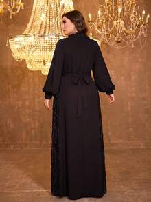 SUPGIR [Random Cut] Plus Size Women's Stand Collar Lantern Sleeve Sequin Patchwork Satin Dress, Elegant - Black - View 3