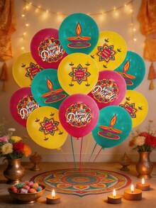 18pcs/Set Diwali Festival Decoration Balloons Set, Printed With Oil Lamp, Lotus, Diwali Patterns, Suitable For Diwali Party Decoration, Diwali Props And Home Decor - Multicolor - View 1