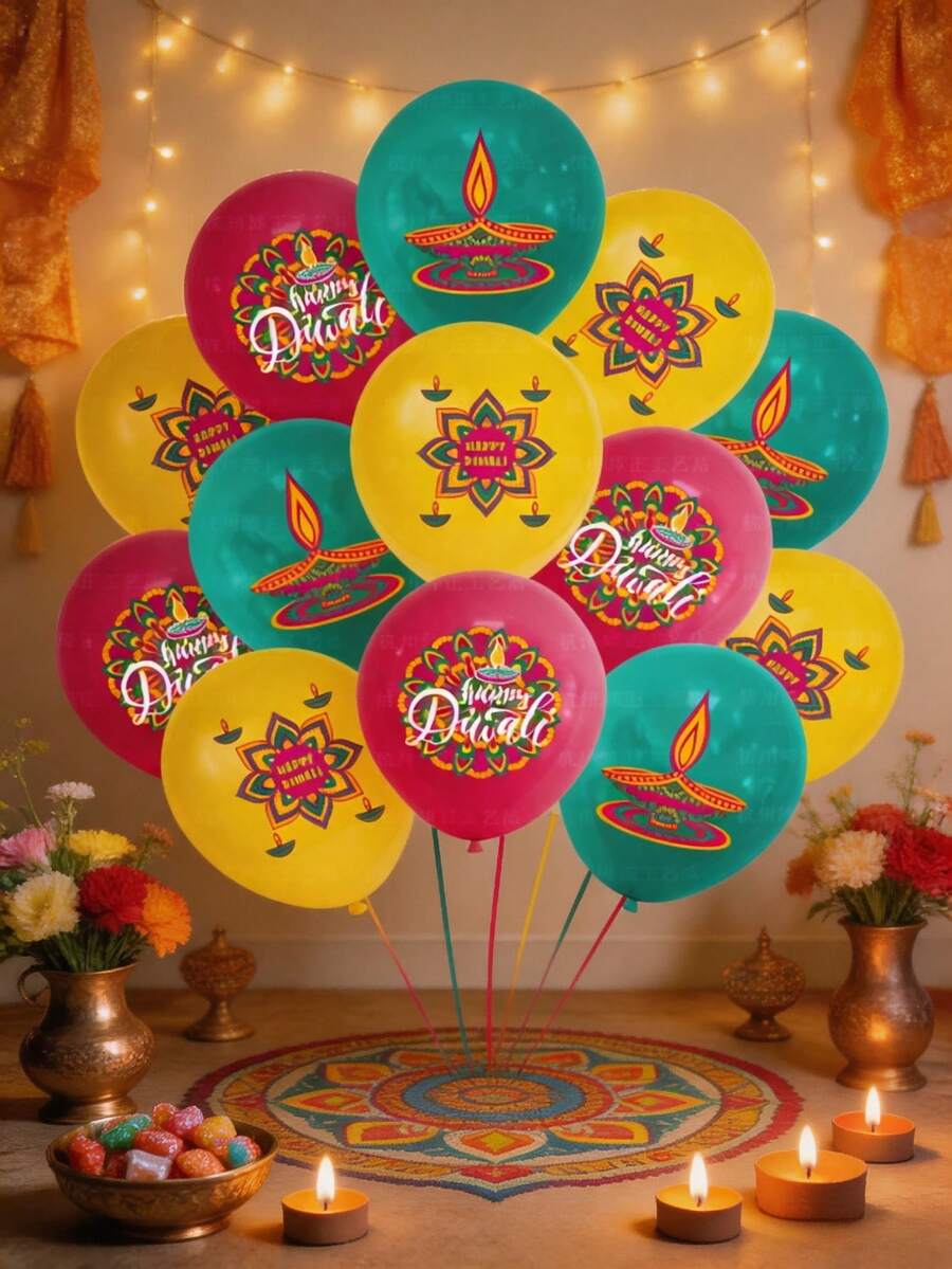 18pcs/Set Diwali Festival Decoration Balloons Set, Printed With Oil Lamp, Lotus, Diwali Patterns, Suitable For Diwali Party Decoration, Diwali Props And Home Decor - Multicolor - View 1