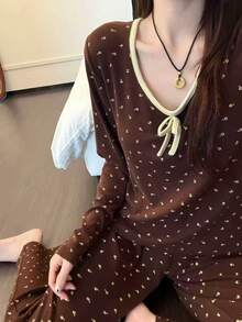2pcs Women's Pajama Set, Pullover Round Neck Ditsy Floral Romantic Fashion Long Sleeve Long Pants, Comfortable For Home Wear - Brown - View 5