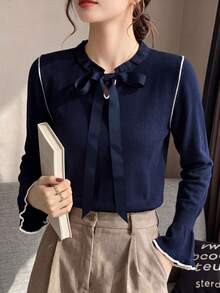 Vintage Style Women's Knitted Sweater With Contrast Trim, Front Tie Bow, Flared Sleeves, Casual Base Layer Top - Navy Blue - View 7