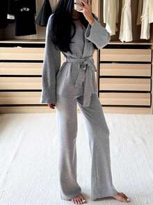 Minimalist Comfortable Women's Loungewear Sweater Set, Including V-Neck Cardigan And Elastic Waist Pants, Made Of Soft Medium Stretch Fabric. Contains Wool - Grey - View 7