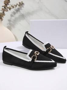 2026 All Season Women's Breathable Loafers With Metal Buckle, Color Block Pointed Toe Flat Shoes, Commute Casual Soft Sole Slip-On - Black - View 3