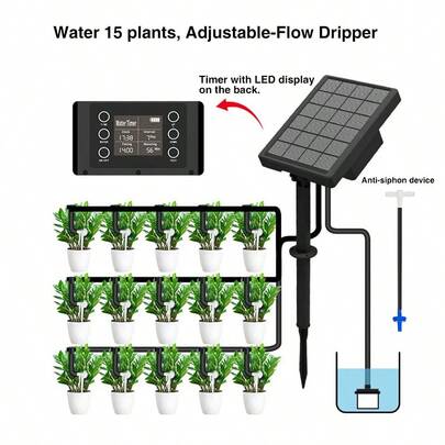 HEYCHEESE Solar Lrrigation System, Solar Intelligent Irrigation Kit, AutoWatering System, Integrated LCD Smart Timer, Anti-Siphon Device, IP65, 2000mAh Battery, Includes 33 Ft Hose, Flow-Adjustable Drippers, For 15 Pots, Ideal For Gardens, Greenhouses, Balcony