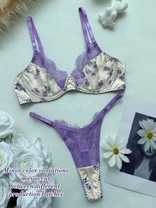 女士花卉印花蕾丝拼接性感内衣套装 - 紫色 - 查看 5