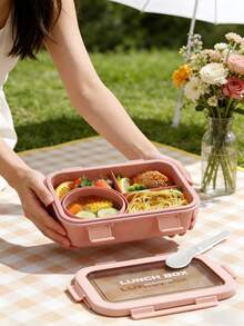 1pc Bento Box Set With Salad Cup, 4-Compartment Lunch Box, Suitable For Lunch, Outdoor, Office, Picnic Use, Drop-Resistant And Durable, Dishwasher , Christmas, Birthday, Holiday Gift, Back To School And Work Essential, Kitchen Supplies, Kitchen Accessories (Pink) - Multicolor - View 5