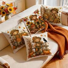 4pcs Autumn Harvest Scarecrow Pattern Pillow Covers Without Inserts, Single-Sided Printed Pillow Covers, Suitable For Living Room, Bedroom, Home Decor, All-Season Pillow Covers - Multicolor - View 9