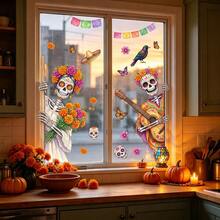 1/2pcs Cute Yet Eerie Mexican Day Of The Dead Window Stickers, Double-Sided PVC Electrostatic Adsorption Glass Stickers, Suitable For Kitchens, Bathrooms, Living Rooms, Cafes, And Home Decor. - Multicolor - View 2