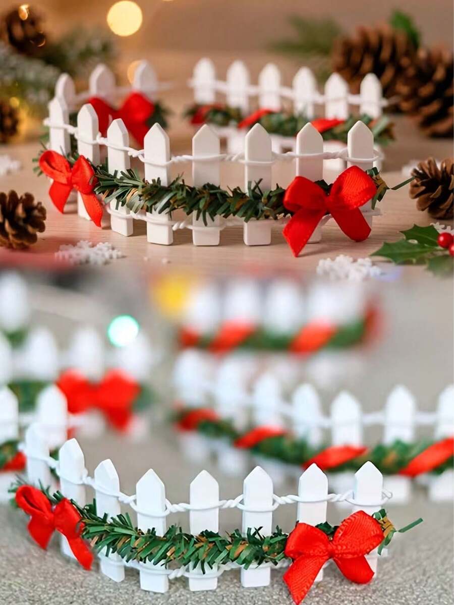 4pcs/Set Mini Christmas Fence Model - Holiday Props, Decorated With Green Vines And Bows. Suitable For DIY Model House Yard, Christmas Craft Projects, Micro Landscape Decoration, Mini Garden, Farm Theme Display And Potted Plant Decoration. - Multicolor - View 1