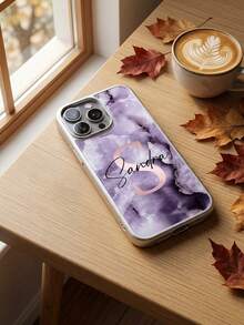 客製化首字母姓名大理石印花手機殼，相容 iPhone 15 16 17 18 Pro Max，電鍍銀色邊框，UV 反向印刷，耐褪色，亮面光滑，可愛粉色愛心，個性化客製保護殼，優雅美學防護殼，適合女性與女孩，理想禮物，完美適用於日常通勤、辦公、約會、旅行與度假 - 紫色 - 查看 5