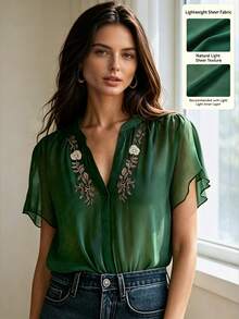 2026 New Deep Green Embroidered V-Neck Shirt, Elegant Embroidered Blouse, Boho Chic Embroidered Top, Versatile Basic Shirt Suitable For All Seasons, Plus Size Friendly Summer - Dark Green - View 5