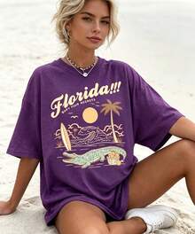 Florida Palm Tree Pattern T-Shirt -Women's Casual Vacation Short Sleeve T-Shirt, Round Neck Short Sleeve Top,Summer Outfits For Women - Summer Tops - 紫色1 - 查看 2