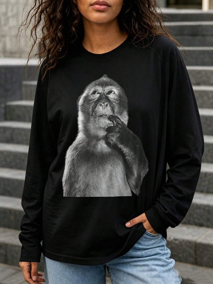 Going Out Tops Loose Long Sleeve Tees For Women, Solid Black Soft Basic Shirts, Back To School Fall Casual Campus Daily Versatile Matching Tops - 黑色長袖款3 - 查看 1