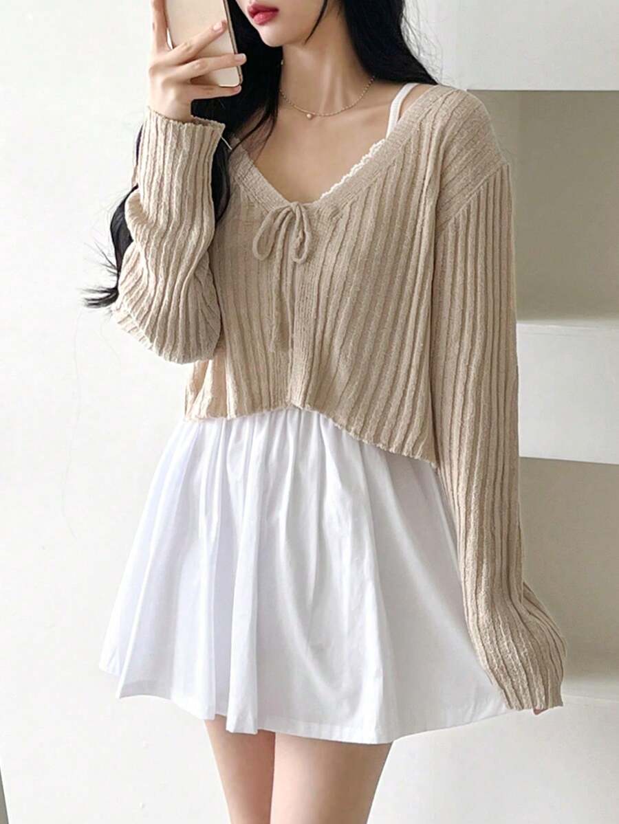 YCYC Spring New Lazy Sweet Loose Long Sleeve Apricot V-Neck Knit Cardigan - Coffee Brown - View 1