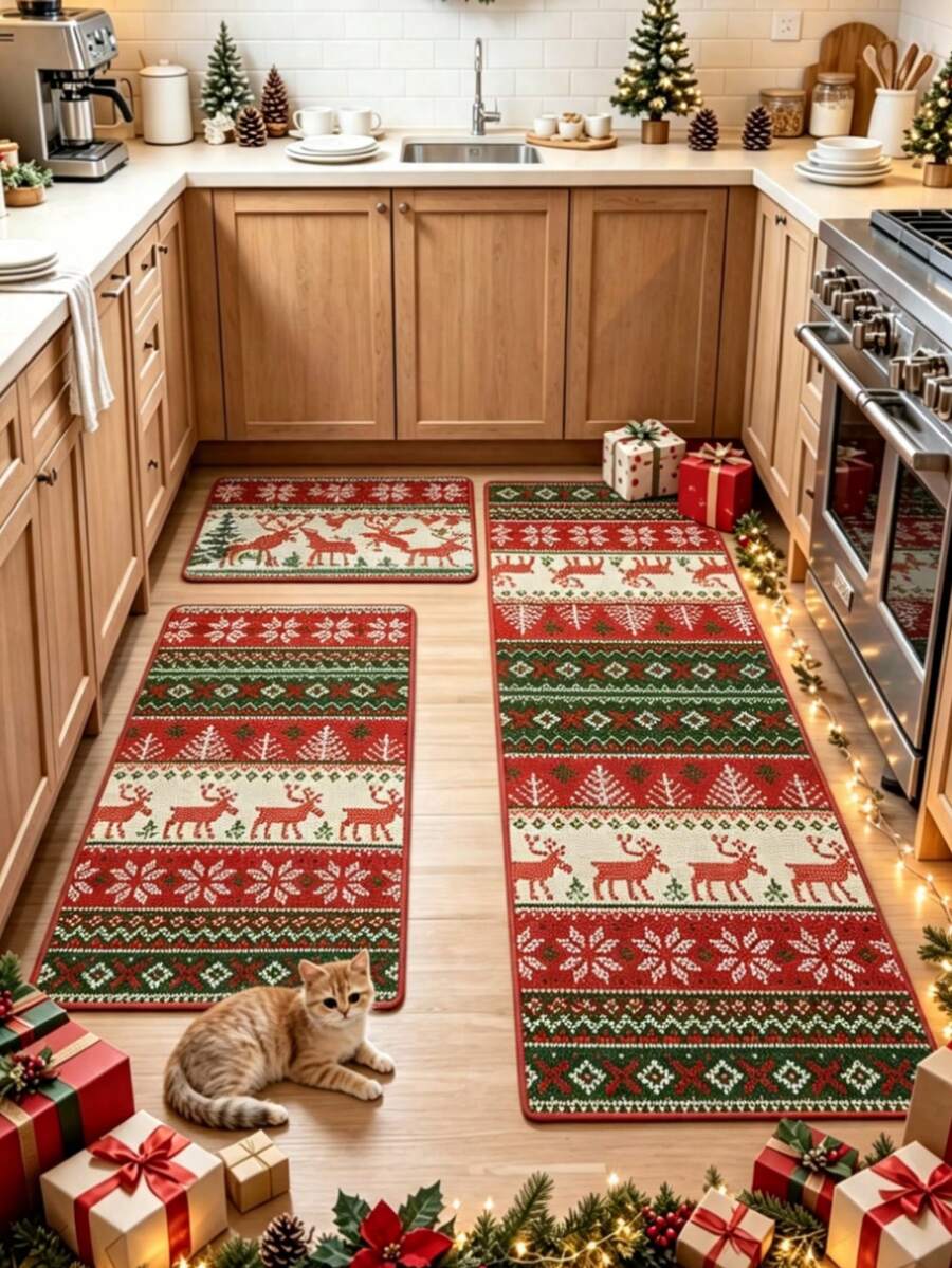 1/2 st julmatta med Fair Isle-mönster för kök, dörrmatta, vardagsrumsmatta, liten vardagsrumsmatta, sovrumsmatta, heminredning för vardagsrum, utomhusmatta, tvättbar matta - Multifärgad - Visa 1