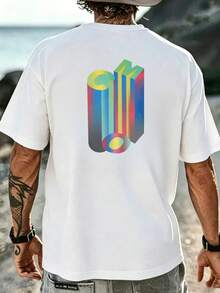 Camiseta Colorida con Estampado de Logotipo Geométrico 3D,% Algodón, 180 g/², Cuello Redondo, Transpirable, Corte Regular, Estilo Casual de Verano - Blanco - Ver 4
