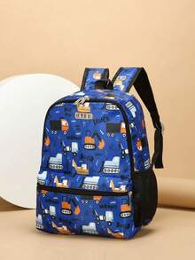 1pc Fashionable Nylon Backpack With Cartoon Excavator Pattern Design, Zipper Closure, Unique Multi-Purpose, Perfect For Outdoor Activities, Play, Commuting And Various Occasions, Ideal Gift For Teenagers - Blue - View 2