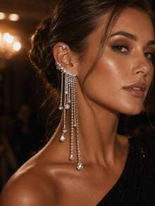 STONEFANS 1pc Tassel Ear Hook Earrings, High-End Pearl Earrings, Fairy Accessory - Silver Right - View 1