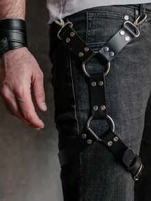 Men's PU Leather Harness Belt Gothic Punk Style Adjustable Metal Rings & Rivets Perfect For Clubwear Streetwear Cosplay & Night Out Fashion Accessory - Black - View 3